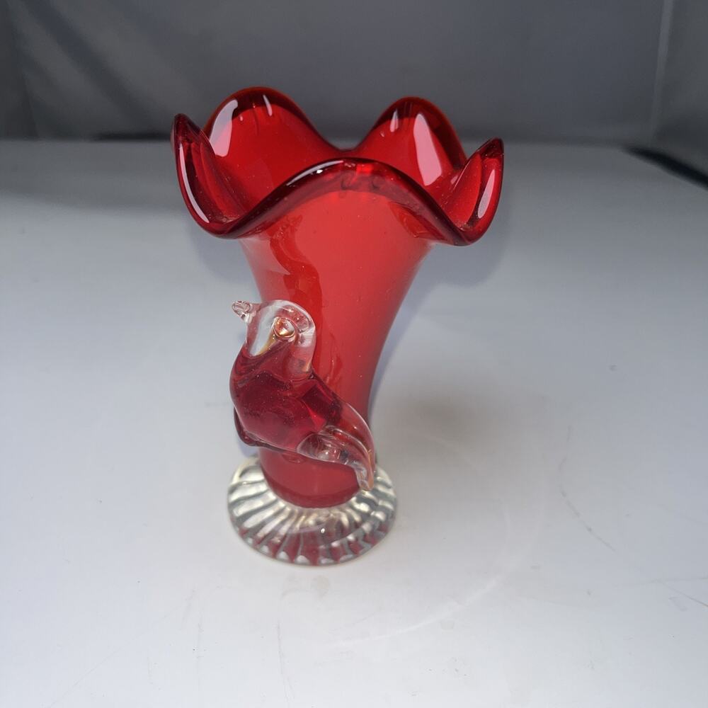 Vintage Blown Art Glass Vase Ruffled Edge w/ Applied Glass Bird 4.5" Murano - Picture 1 of 7